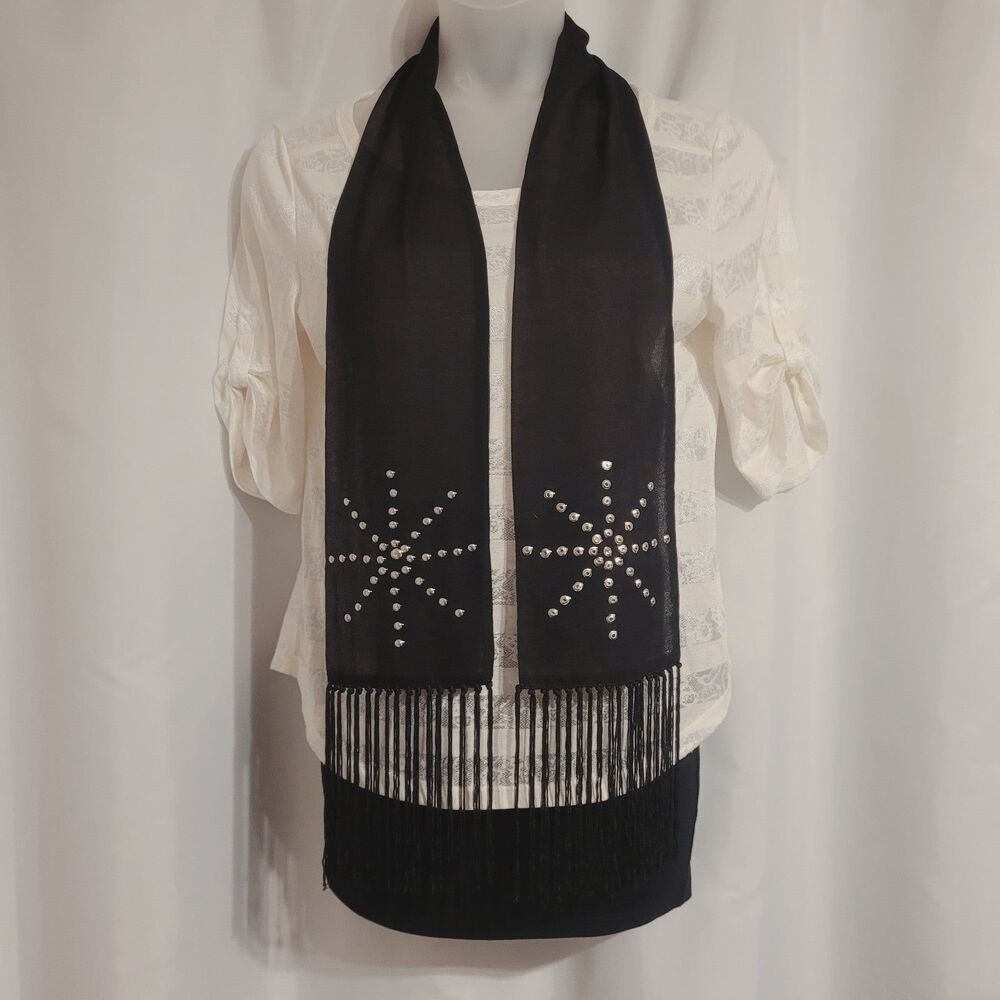 Black Semi-Sheer Fashion Scarf Silvertone Starburst Snowflake Studs Fringe New
